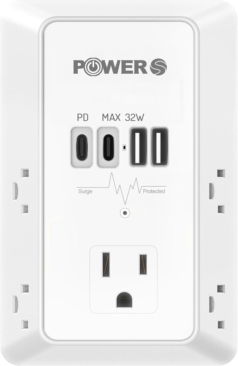 POWERS 20W PD Fast Charging Wall Outlet with USB Ports (2C2A), Electrical Outlet Extender, Surge Protector, Wall Plug Adapter for Multiple Devices, Wall Socket Expander - Image 1